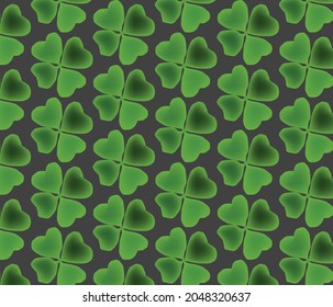 Four leaf realistic lucky clover leaf on dark background. Vector illustration, pattern