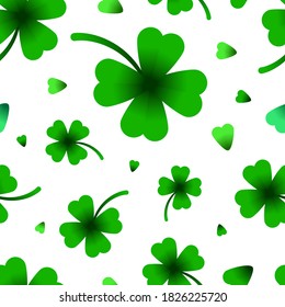 Four leaf shamrock symbol of Irish beer festival St. Patrick's day vector seamless pattern. Lucky clover background. Abstract texture  for wrapping, wallpaper, textile,  leaflet. Vegetal backdrop.