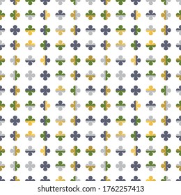 Four leaf water clover seamless pattern with gold, green, grey and purple leaves. Regularly repeating geometric vector shapes for wallpaper, interior fabrics, prints and stationery. 