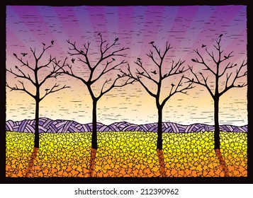 Four Leafless Trees. Illustration of four maple trees in the fall.