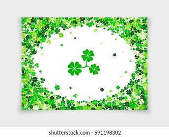 Four leafs clovers and shamrocks scattered on white paper background in oval frame for Saint Patrick's Day. Vector illustration. Isolated