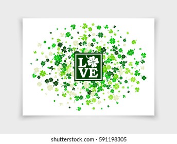 Four leafs clovers and shamrocks scattered on white paper background in oval form for Saint Patrick's Day. Vector illustration. Isolated