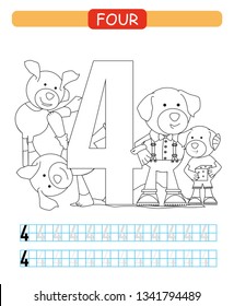 Four. Learning number 4. Coloring printable worksheet for kindergarten and preschool. Dog. 