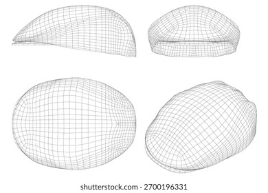 Quatro tampas de couro paddy com desenhos de arames são dispostos simetricamente em um fundo branco. Cada chapéu exclusivo apresenta um acabamento brilhante e efeito 3D realista.