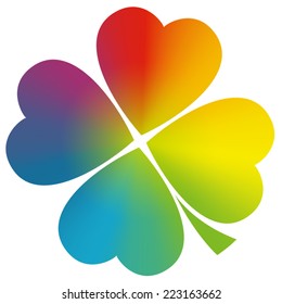 Four leaved clover with circular rainbow gradient coloring. Isolated vector illustration on white background.