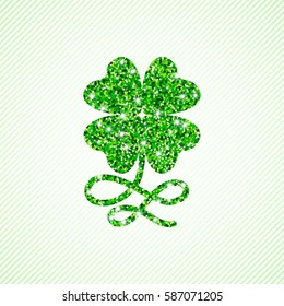 Four leaved clover with curly stem of glitter greenery particles. Vector lucky symbol isolated on soft green diagonal stripe background.