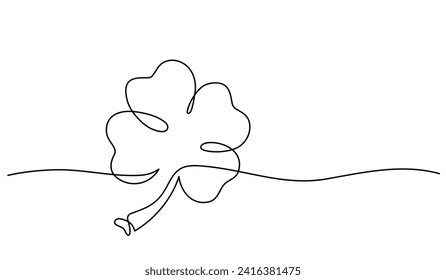 Four leaved clover single line art drawing. Saint Patrick's Day lucky shamrock symbol modern one continuous line hand drawn style vector illustration. Black and white divider design.