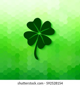 Four leaved clover with soft shadow. Vector lucky symbol isolated on bright green honeycomb background.