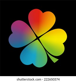 Four leaved cloverleaf with circular rainbow gradient coloring. Isolated vector illustration on black background.