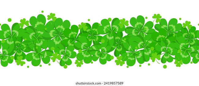 Four leaves clover pattern for Irish St.Patrick day. Seamless border with green shamrocks and lucky clovers with 4 leaves isolated on white background, vector cartoon illustration