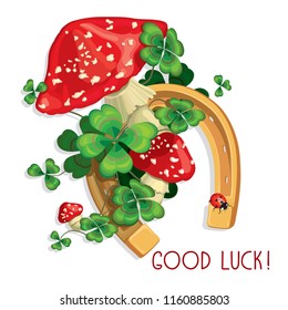 Four leaves clover and shamrocks with horseshoe and three fly agarics and ladybug for luck. Vector illustration isolated on white background