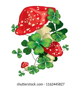 Four leaves clover and shamrocks with three fly agarics for luck. Vector illustration isolated on white background