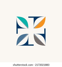 Four leaves on corner with red cross or plus on middle negative space image graphic icon logo design abstract concept vector stock. Can be used as symbol related to emergency or nature