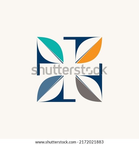 Four leaves on corner with red cross or plus on middle negative space image graphic icon logo design abstract concept vector stock. Can be used as symbol related to emergency or nature