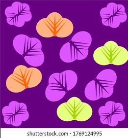 
four leaves with six purple petals in a rectangular corner position with a purple background with four purple three leaf petals and four orange three petal leaves concept design