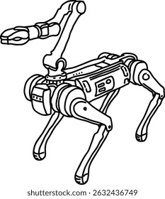 Ilustración de contorno dibujado a mano de robot de cuatro patas. Robot perro capaz de ayudar, exploración, búsqueda, rescate simple pluma dibujo símbolo. Drone para una movilidad avanzada en tierra con sensores para todo tipo de terrenos