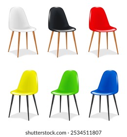 Four legged chair. White, black, red, yellow, green, blue color set. 3d mockup. Easy editable. 4 leg base chair. Realistic vector mock-up kit