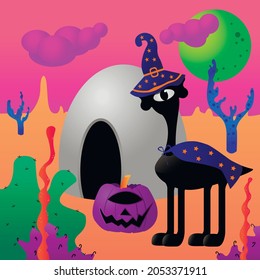Four Legged One Eye Alien in Witch Costume with a Halloween Pumpkin. Halloween on other planet with fantasy landscape: moon, clouds, trees, plants, house. Unusual pumpkin. Vector stock illustration.