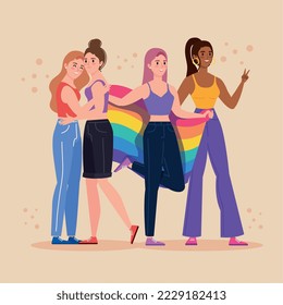 cuatro lesbianas con personajes de bandera
