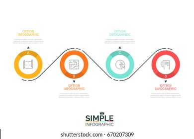 Four lettered circular elements with pictograms inside and arrows pointing at text boxes connected by curved line. Modern infographic design template. Vector illustration for web banner, brochure.