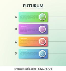 Four lettered rectangles placed in vertical row with text boxes and thin line symbols inside. List of services provided by company concept. Futuristic infographic design layout. Vector illustration.