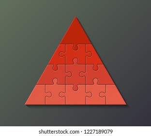 Four levels color pyramid. Puzzle presentation infographic template with explanatory text field for business statistics illustration. Four stages triangle puzzle piece shape. puzzle infographic