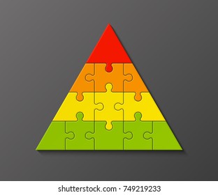 Four Levels Color Pyramid. Puzzle Presentation Infographic Template With Explanatory Text Field For Business Statistics Illustration. Four Stages Triangle Puzzle Piece Shape. Vector Puzzle Infographic