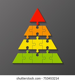 Four Levels Color Pyramid. Puzzle Presentation Infographic Template With Explanatory Text Field For Business Statistics Illustration. Four Stages Triangle Puzzle Piece Shape. Vector Puzzle Infographic