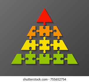 Four levels color pyramid. Puzzle presentation infographic template with explanatory text field for business statistics illustration. Four stages triangle puzzle piece shape. Vector puzzle infographic