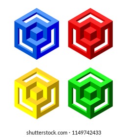Four lie 3 dimensional, squarempossible cubes, dimensional drawing, vector images hexagons, 3D cubes, colorful geometric shapes, Geometric logos on white background.Used in printing and web.impossible