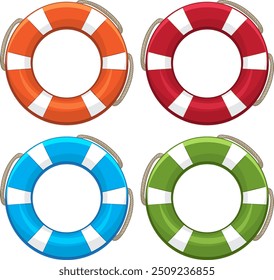 Four lifebuoys in different vibrant colors