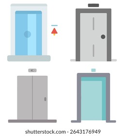 Four lift elevator designs are shown, featuring different styles and colors. Each design includes distinctive doors and buttons, emphasizing modern aesthetics suitable for various settings.