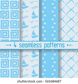 Four light blue and white seamless patterns vector illustration for websites, textile, packing, wrapping, cover, wallpapers, for children's products. Subtle tone. Set of backgrounds with simple shapes