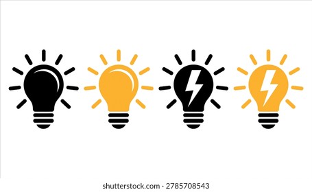 Four light bulb icons in black and yellow with lightning bolt symbols idea innovation in white background