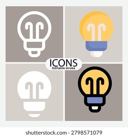 Four light bulb icons in different colors and stroke styles on gray background