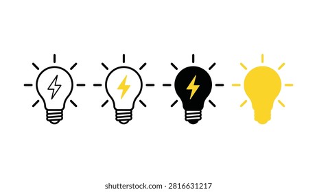 Four light bulb icons transitioning from black to yellow with lightning symbols inside