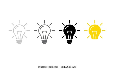 Four light bulb icons with transparent background gradually changing from dim to bright