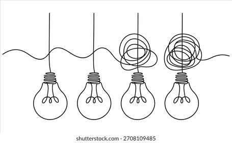 Quatro lâmpadas representadas em um desenho contínuo de linha preta com fios emaranhados em um fundo branco