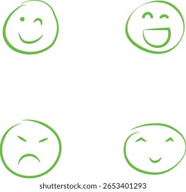 Four light green hand-drawn emoticons on a white background depict winking, laughing, angry, and smiling expressions. Simple line art style.