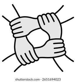 Quatro mãos cinza claro se entrelaçam para criar uma forma circular contra um fundo branco simples negrito contornos pretos
