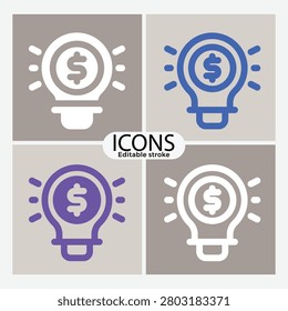 Four lightbulb icons with dollar signs inside different colored strokes on transparent background
