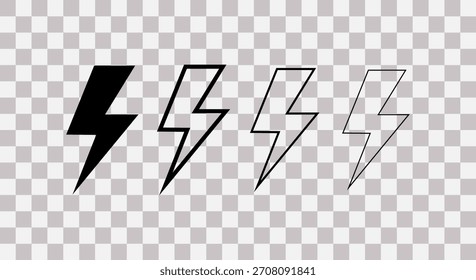 Vier Blitzsymbole in Schwarz-Weiß, die Energie, Leistung und Geschwindigkeit auf transparentem Hintergrund darstellen.