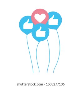 Four like icons with heart and thumbnails as balloons. Social network or social media, smm concept. Likes gathered together in bunch. Vector illustration
