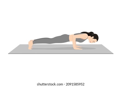 Four Limbed Staff Pose, Four Limbed Stick Pose, Beautiful girl practice Caturanga Dandasana. Young attractive woman practicing yoga exercise. working out, black wearing sportswear, grey pants and top,