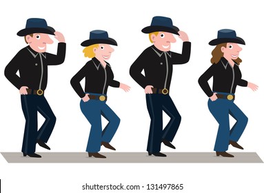 four line dancers dancing on a row
