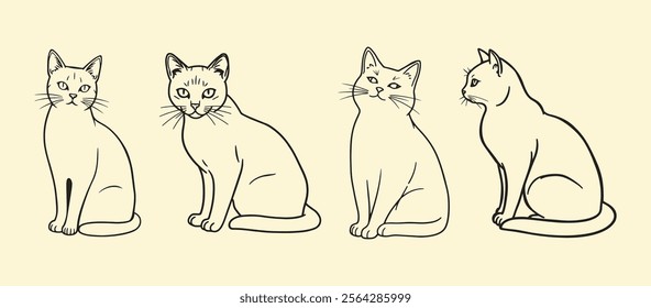 Four line drawings depict different sitting positions of cats, each with unique facial expressions. The simplicity emphasizes their postures and character.