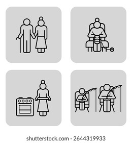 Desenhos de quatro linhas de indivíduos seniores envolvidos em diversas atividades, incluindo caminhar, relaxar na cadeira, cozinhar e participar de hobby
