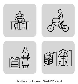 Four line drawings of various activities of seniors. Person working on laptop, another riding bike, third standing by stove, and fourth fishing