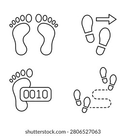 Four line icons: bare feet, footprints with arrow, foot with '0010' counter, and a path of stepping shoes.