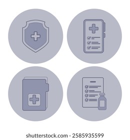 Four line icons with key health care elements such as shield for protection, checklist, medical book, and prescription bottle. Healthcare concept